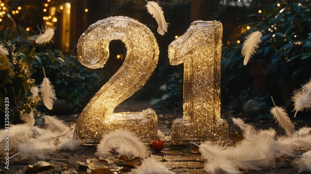 Poster golden illuminated number 21 displayed with floating feathers and bokeh background