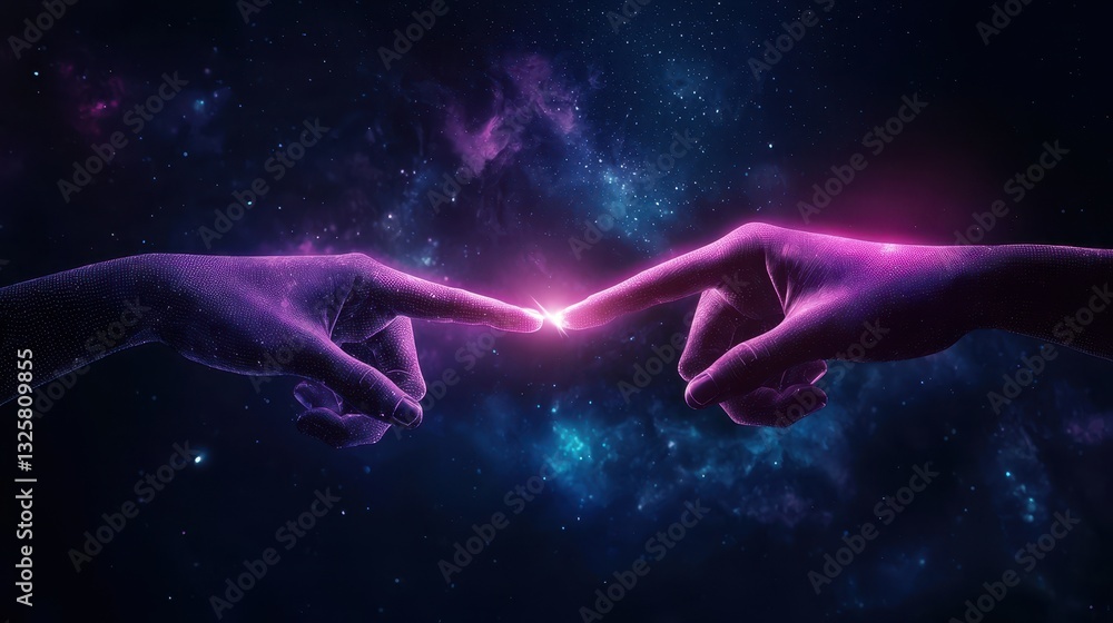 Aufkleber a cosmic depiction of two hands reaching towards each other, surrounded by a vibrant galaxy, symboli