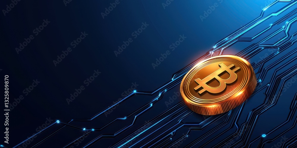 Poster A glowing Bitcoin symbol on a digital circuit background, representing cryptocurrency and advanced technology.