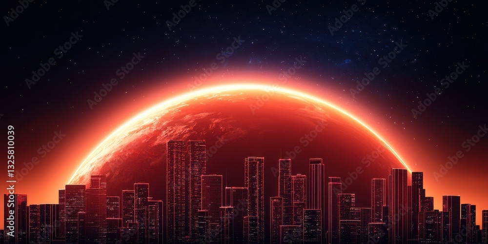 Poster a futuristic cityscape under a glowing red planet, showcasing a blend of urban architecture and cosm