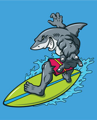 Naklejka premium Vector Cartoon Hand Drawn Surfing Shark