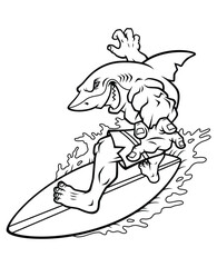 Fototapeta premium Vector Cartoon Hand Drawn Surfing Shark Line Art