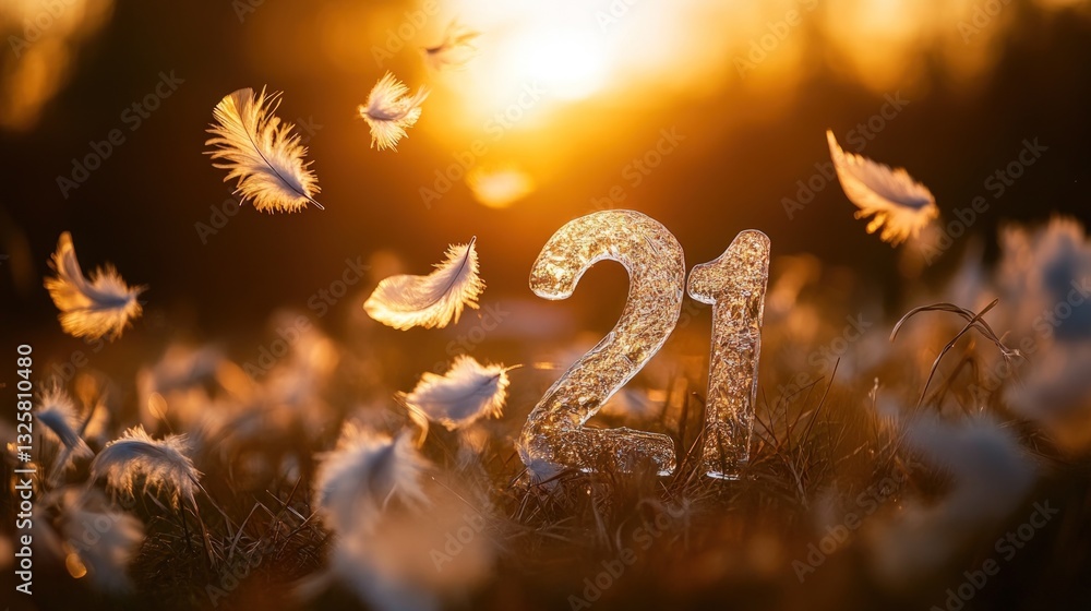 Aufkleber golden number 21 surrounded by floating feathers in a sunlit field with soft focus and warm tones