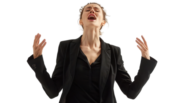 Businesswoman screaming with raised arms and transparent background