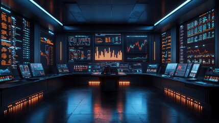 Futuristic Trading Room:  High-Tech Financial Center with Neon Lights and Data Displays