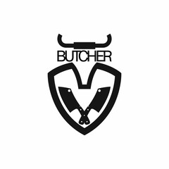 Emblem of Butcher meat shop with chefs knives. Logo template for meat business shop, market, restaurant or design banner, sticker. Vector illustration