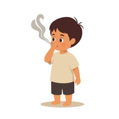 Curious child covering nose with smoke in minimalist setting, innocence