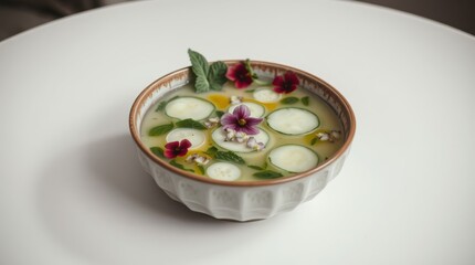Chilled cucumber soup with delicate edible flower garnish, served in an elegant bowl on white table.