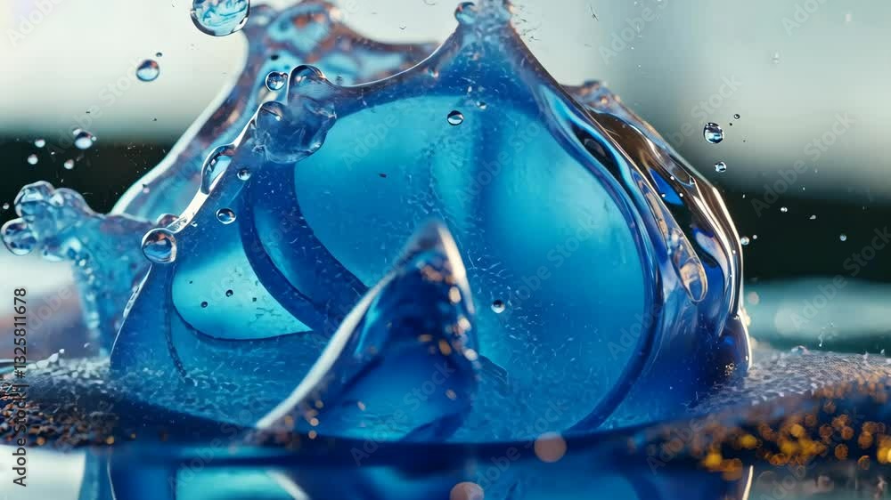 Poster dynamic blue liquid splashing and forming captivating artistic patterns in rapid motion