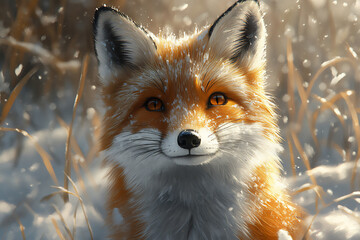 Obraz premium a beautiful red fox in the snow, with piercing eyes and fluffy fur.