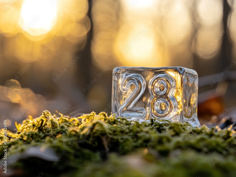 Poster illuminated ice cube with number on forest floor with warm light and green moss