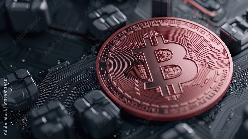 Poster A close-up of a physical Bitcoin resting on a circuit board, symbolizing the intersection of cryptocurrency and technology.