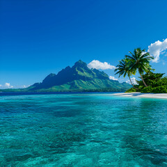 Idyllic Tropical Beach with Turquoise Water and Lush Green Mountain