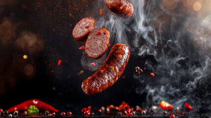 Fried sausage sliced into pieces, flying with smoke rising