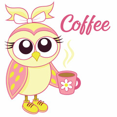 Naklejka premium Cute Owl Coffee Lover T-Shirt Design with Cartoon Bird and Floral Accents