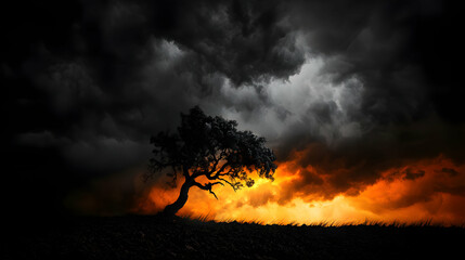 Fototapeta premium Lone Tree Silhouette Against Fiery Sunset and Dark Storm Clouds