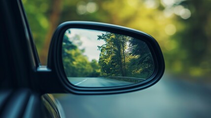 A car's side mirror reflecting a scenic view of a road lined with trees