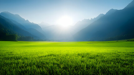 Obraz premium Lush Green Field with Bright Sunlight and Majestic Mountains in Background