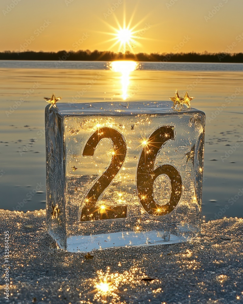 Poster a large ice cube with the number 26 embedded stands on a frozen surface reflecting the sun and lake.