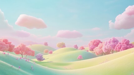 illustration of Summer fields landscape with a dawn,Rainbow, green grass hills, bright color blue sky, country background,banner resting vacation.