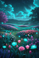 field of glowing flowers