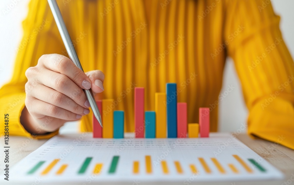 Poster a person in a yellow sweater analyzes colorful bar graphs and charts, indicating a focus on data and