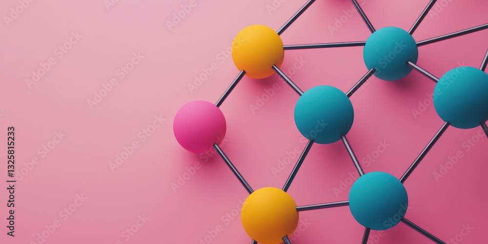 Poster a colorful molecular structure against a pink background, showcasing interconnected spheres and rods