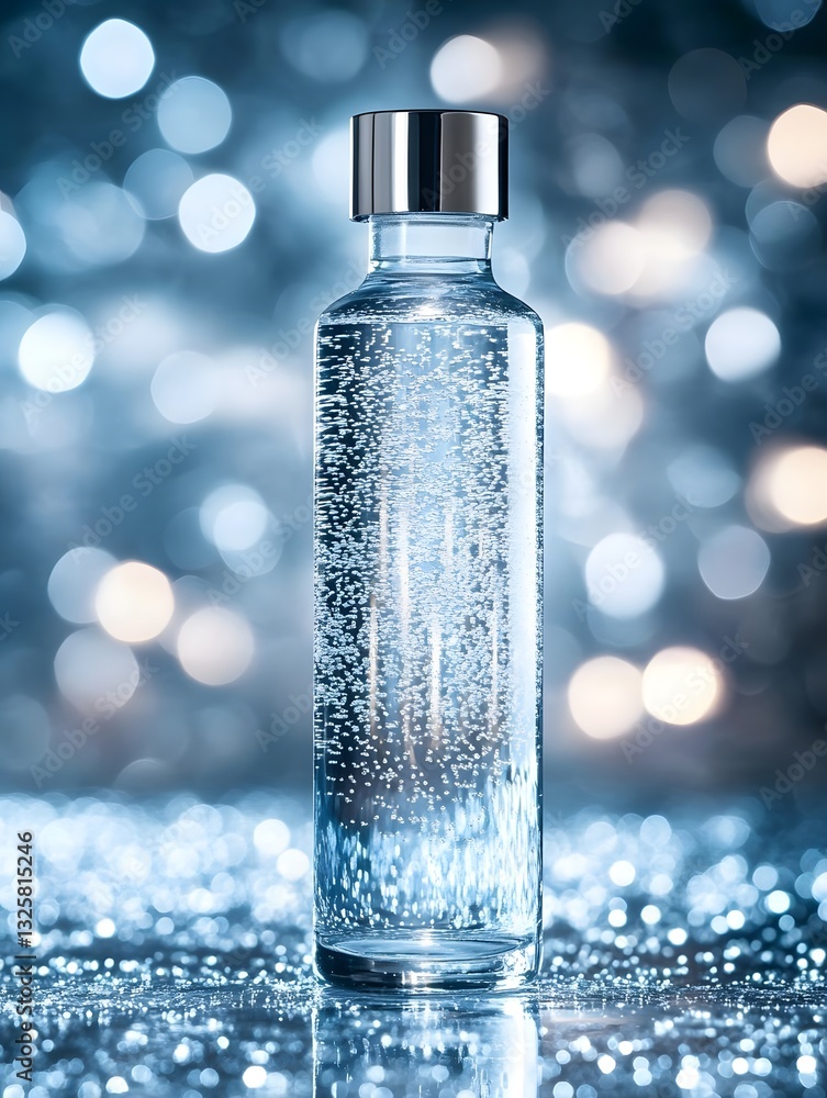 Poster sparkling water bottle illuminated against a shimmering blue background with soft bokeh effects