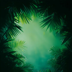 Lush Green Tropical Foliage Frame with Misty Background