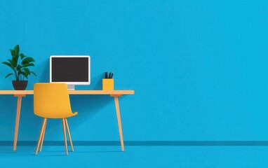A bright workspace featuring a yellow chair, a computer, and a small plant against a vibrant blue wall.