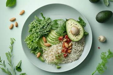 Veganuary vegan superfoods. Plant-based. Nutrition weight loss. 3D model of a plate featuring vegan superfoods for healthy eating.