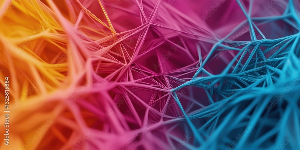 Poster a vibrant, abstract image featuring interwoven lines in shades of orange, pink, and blue, creating a