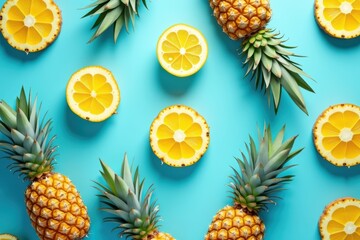 Fresh Pineapples and Lemons Arranged on a Vibrant Blue Background &ndash; Tropical Summer Fruit Pattern