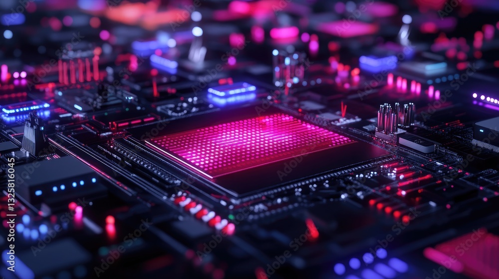 Poster colorful abstract circuit board with glowing components and patterns