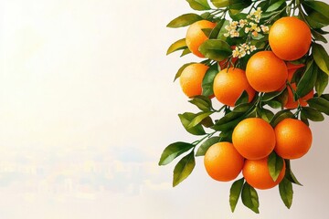 Vibrant oranges hanging on a branch with blossoms
