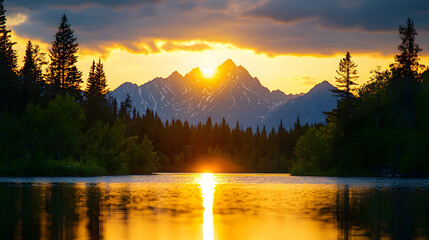 Fototapeta premium Majestic Mountain Sunset Reflected in Calm Lake