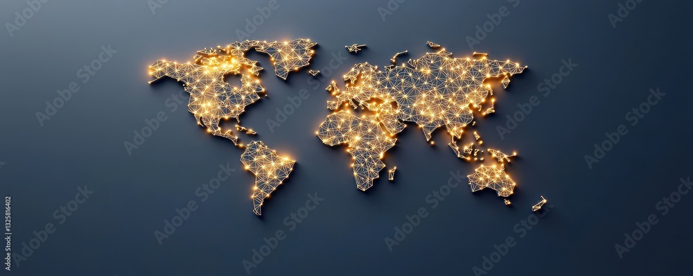 Poster a stylized map of the world illuminated with golden lights, symbolizing connectivity and global reac