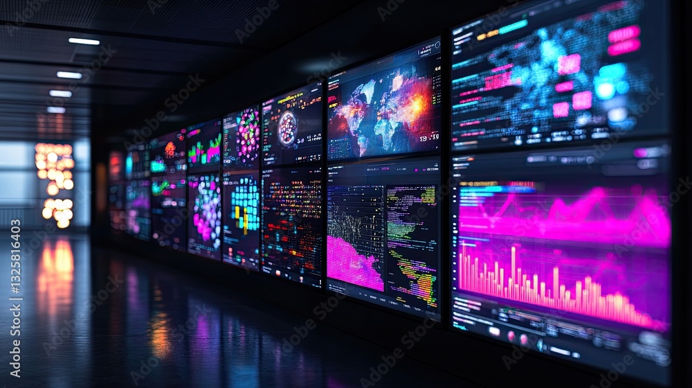 Poster modern data visualization wall in high-tech control room environment