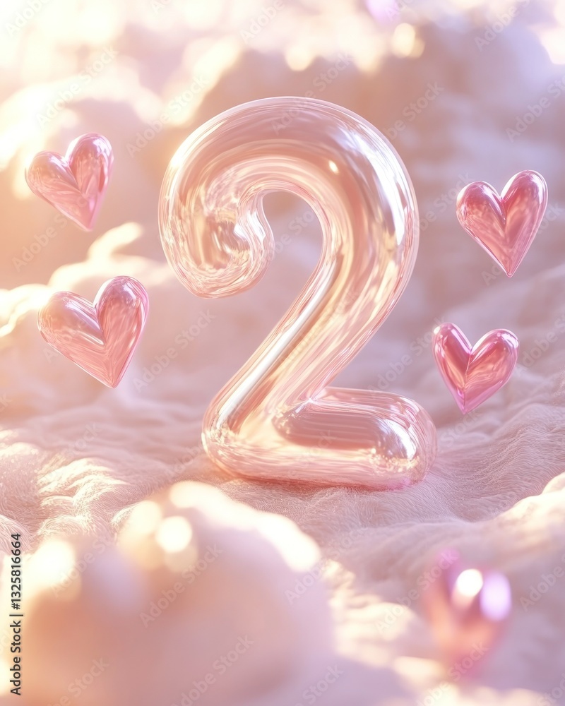 Poster number two balloon with heart-shaped balloons floating on a soft cloud-like surface pink color and a