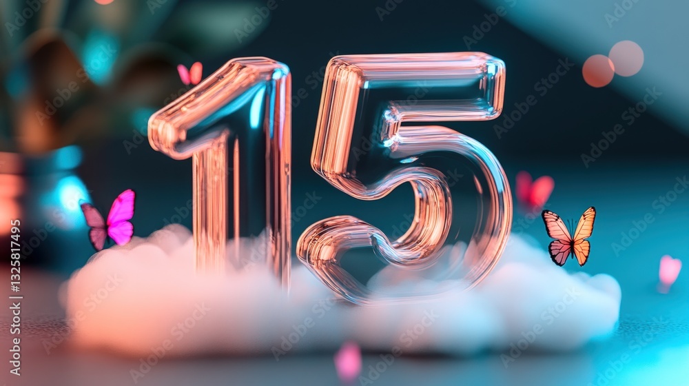 Poster shiny balloon number fifteen floating on fluffy clouds with butterfly accents and bokeh background