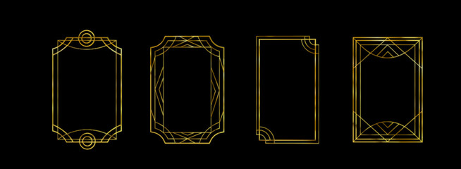 Great Gatsby deco frame collection with gold geometric borders on black background. Minimalist art nouveau style metallic outlines for luxury invitations, certificates or vintage design elements.