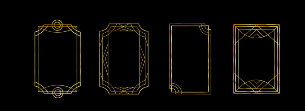 Great Gatsby deco frame collection with gold geometric borders on black background. Minimalist art nouveau style metallic outlines for luxury invitations, certificates or vintage design elements.