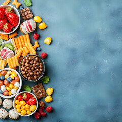 Overhead Arrangement Of Colorful Candies Cookies Berries And Chocolate On Textured Blue Surface