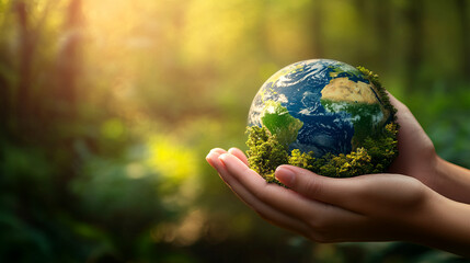 Protecting earth, Hands holding globe with miniature forests flourishing