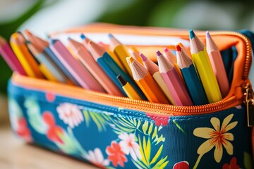 Fototapeta premium Floral Pencil Case with Colored Pencils