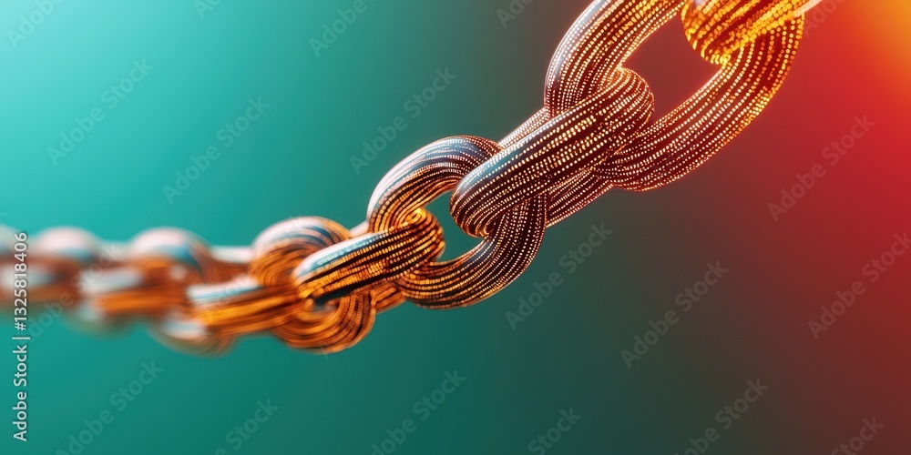 Poster a close-up view of a metallic chain link against a colorful, blurred background, emphasizing texture