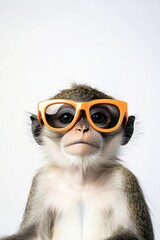 Fototapeta premium Monkey wearing stylish orange glasses posing for a fun and playful studio photo, cute animal portrait, creative pet photography, unique fashion accessory.