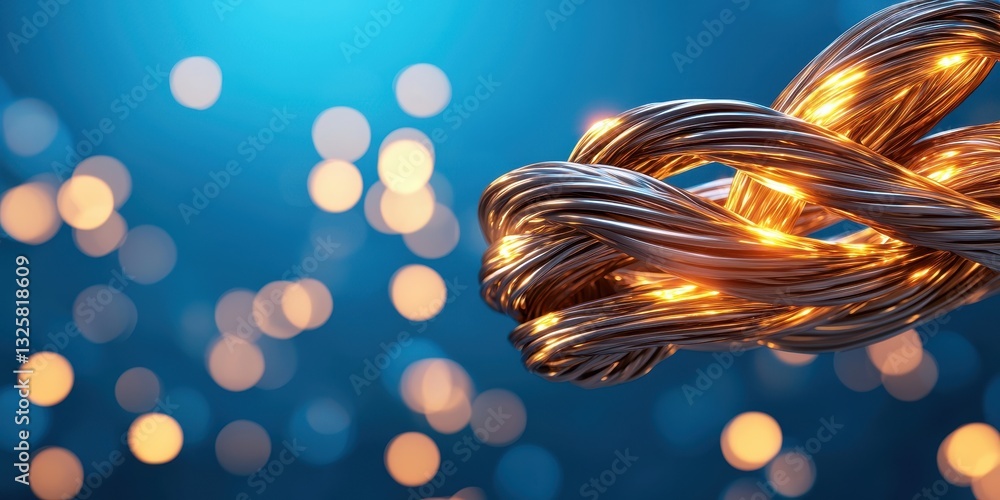 Poster a close-up of intertwined metallic wires adorned with warm glowing lights against a soft blue backgr