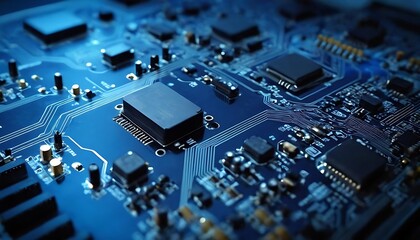 High-tech circuit board background, abstract digital technology presentations, electronic components, digital infrastructure, blue tech theme, modern electronics evolution expansion background,945