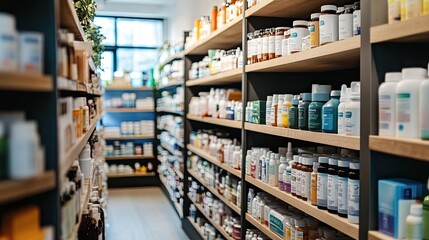 Well-Organized Display of Various Health Supplements in Store Aisle